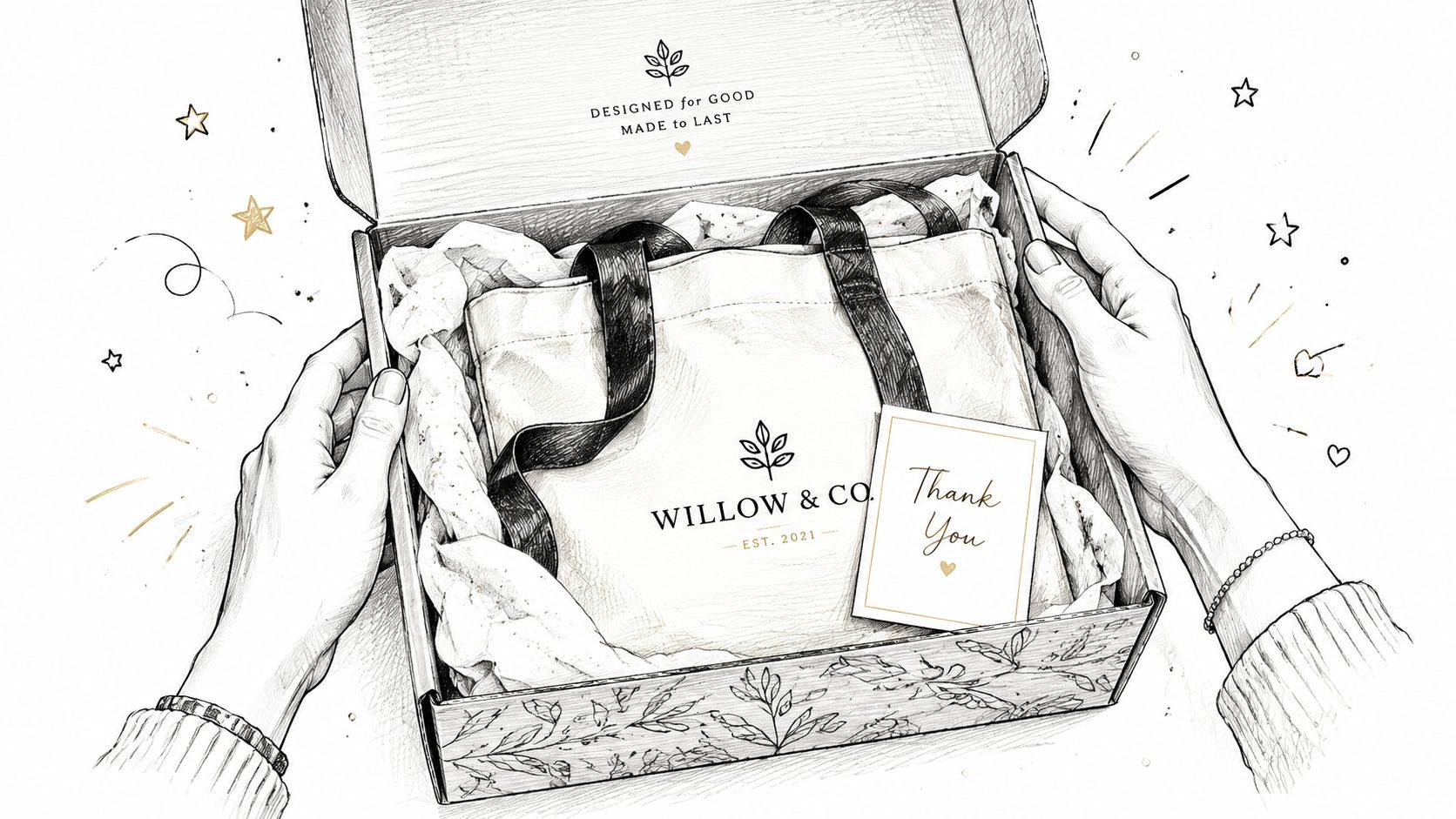 A line drawing illustration of hands opening a gift box containing a Willow and Co tote bag.