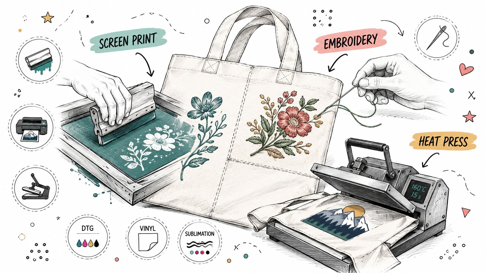 A detailed illustration showcasing various customization techniques for company tote bags including screen printing, embroidery, and heat press.