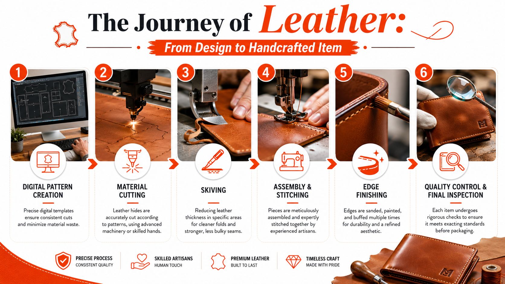 An infographic showing the six-step production process of handcrafted leather goods from design to final inspection.