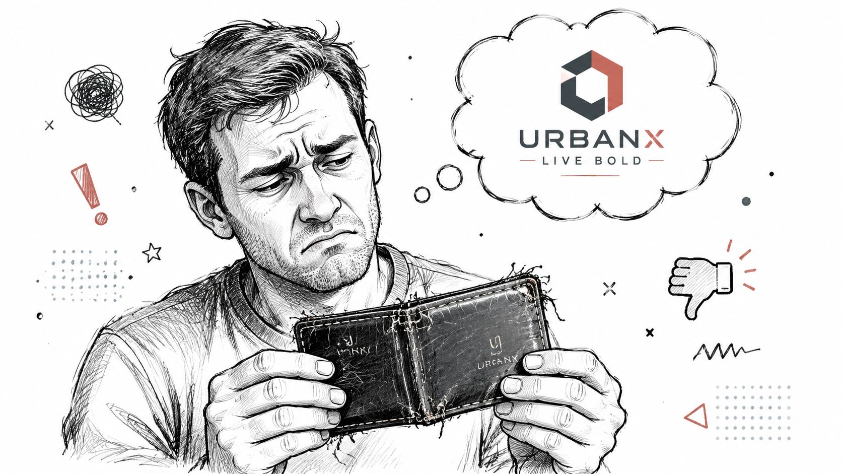 A sketched illustration of a man looking disappointed at his worn-out leather wallet with UrbanX branding.