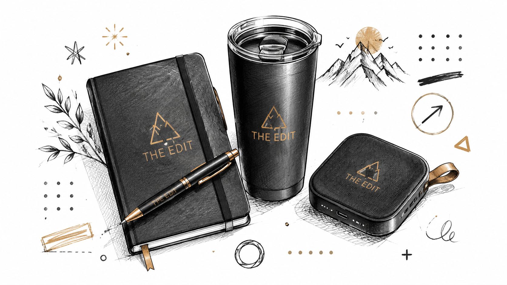 A professional set of corporate gifts featuring a branded notebook, pen, tumbler, and portable power bank.