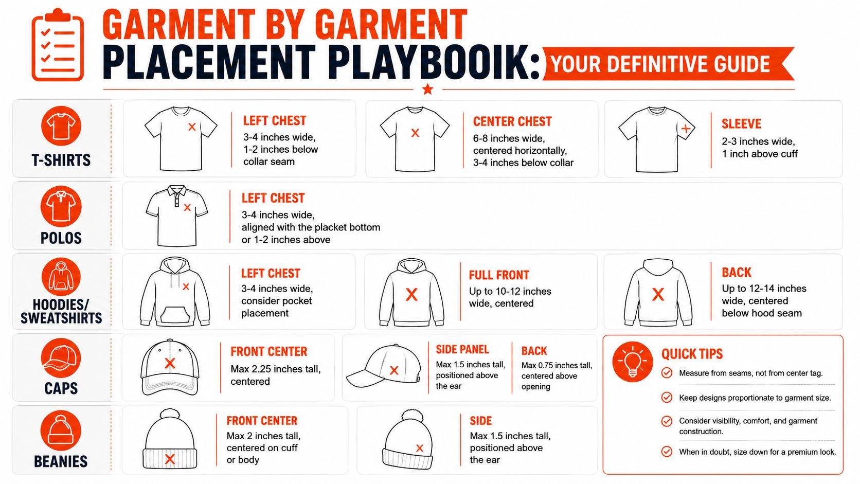 A comprehensive infographic guide detailing standard embroidery and print placement locations for t-shirts, polos, hoodies, caps, and beanies.