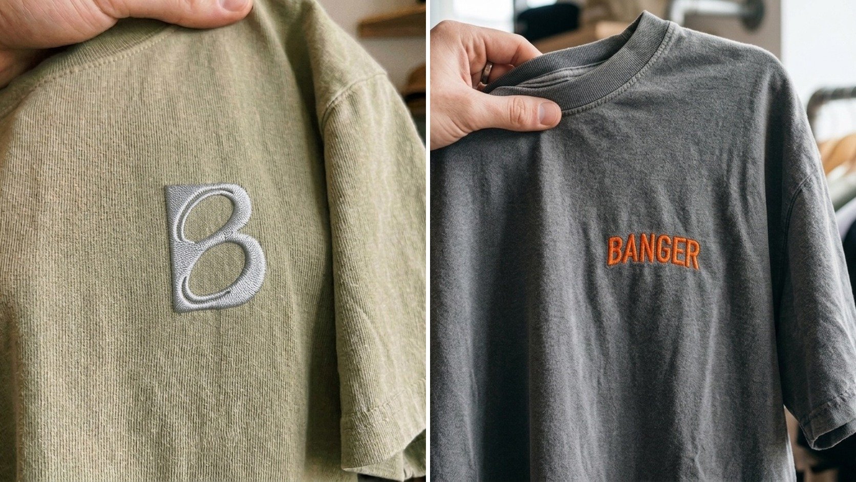 Two Banger custom embroidery samples side by side