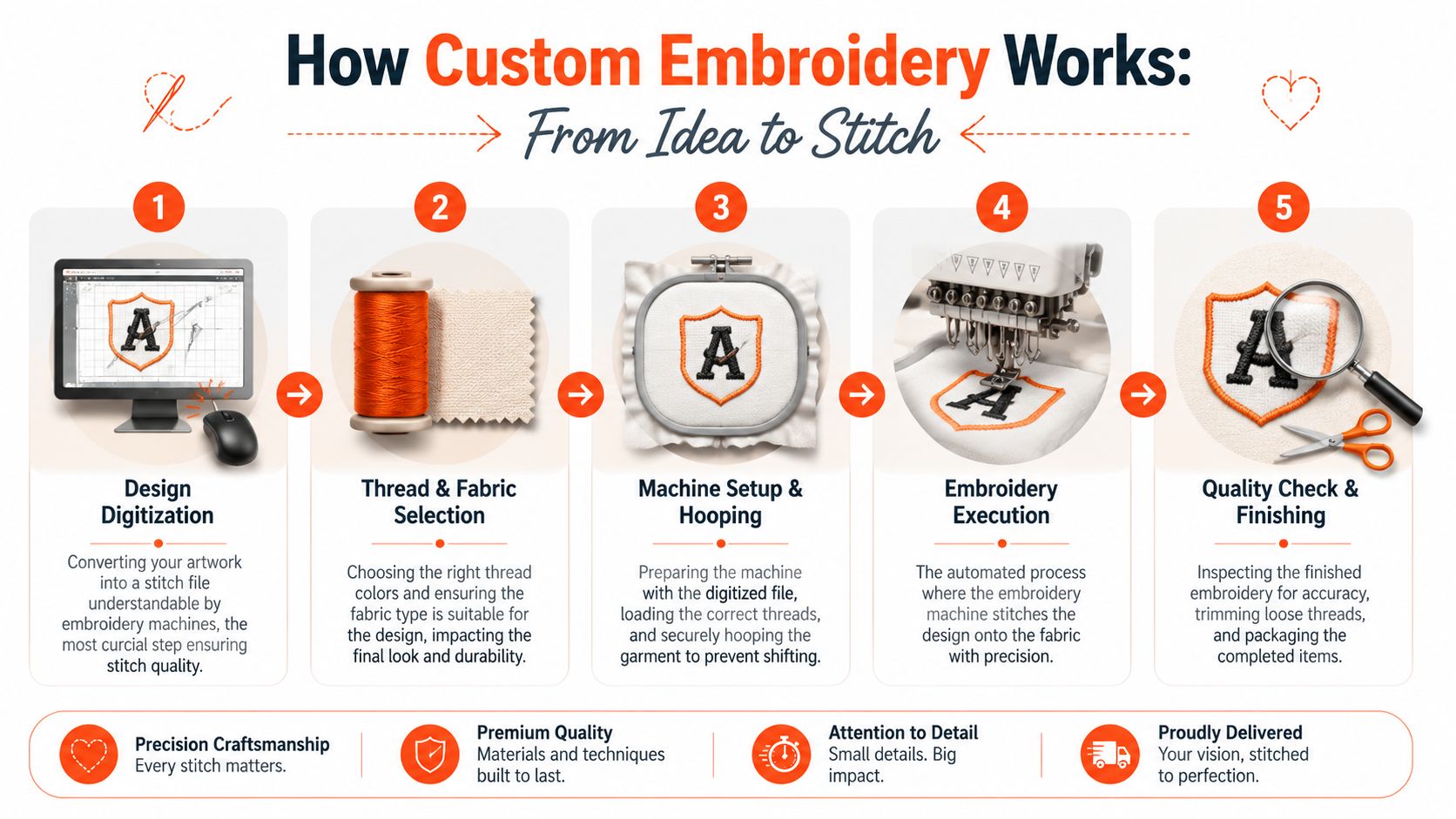A five-step infographic illustrating the custom embroidery process from initial design digitization to final quality inspection.