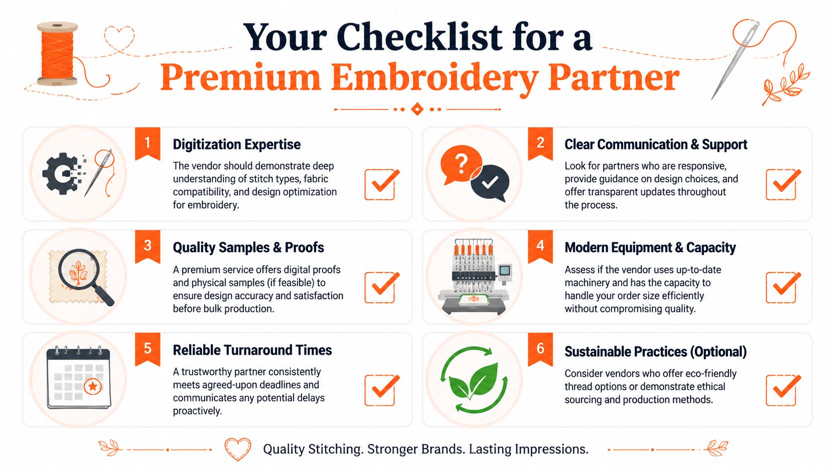 A helpful checklist infographic titled Your Checklist for a Premium Embroidery Partner with six professional tips.