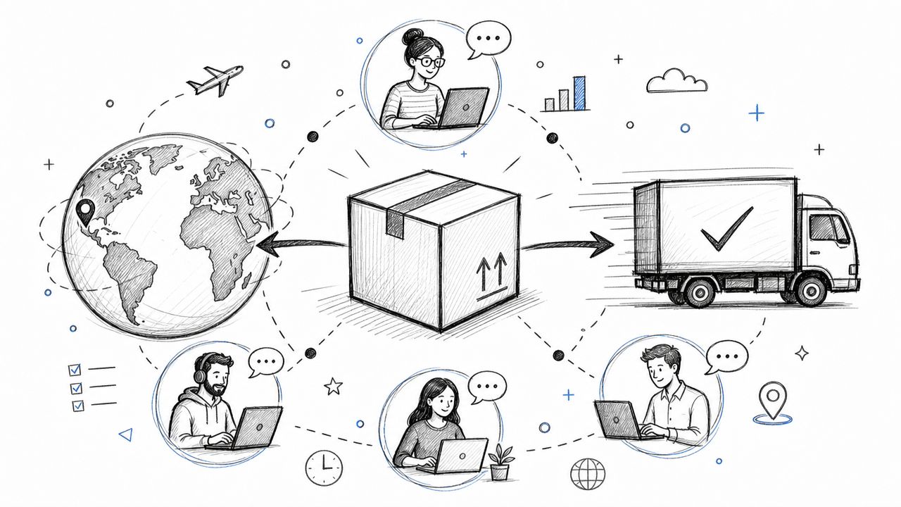 A hand-drawn illustration showing a logistics network with people working on laptops, a global map, and a delivery truck.