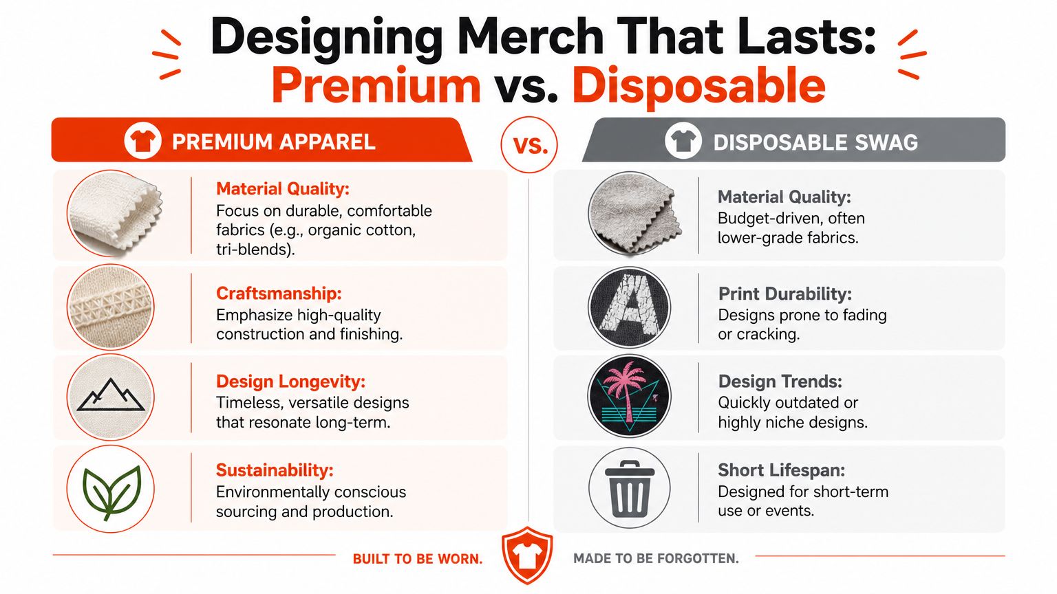 A comparison chart showing the differences between high-quality premium apparel and cheap disposable promotional merchandise.
