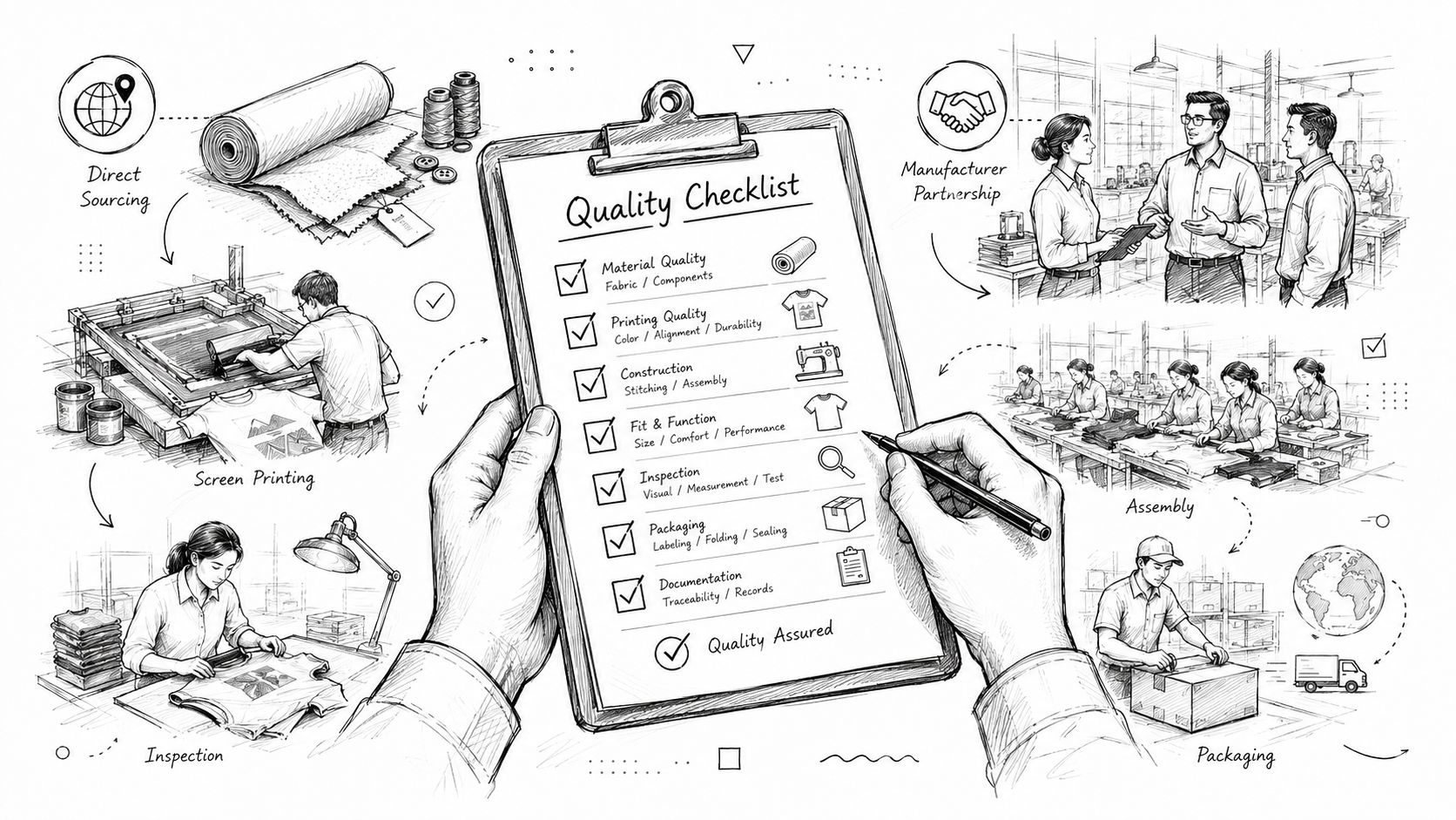 A detailed hand-drawn illustration showing the step-by-step quality control process for manufacturing custom merchandise clothing items.