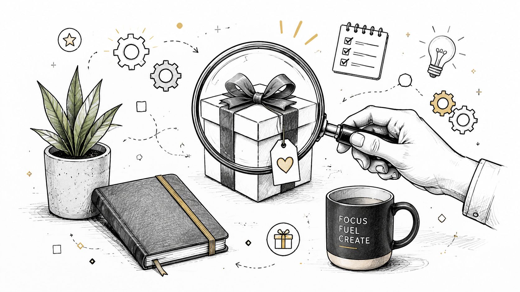 A hand holding a magnifying glass over a gift box, surrounded by business accessories and creative elements.