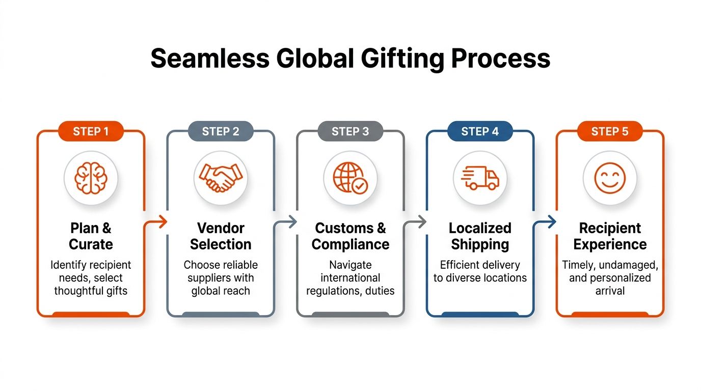 A five-step flowchart illustrating a seamless global gifting process for businesses from curation to final recipient experience.