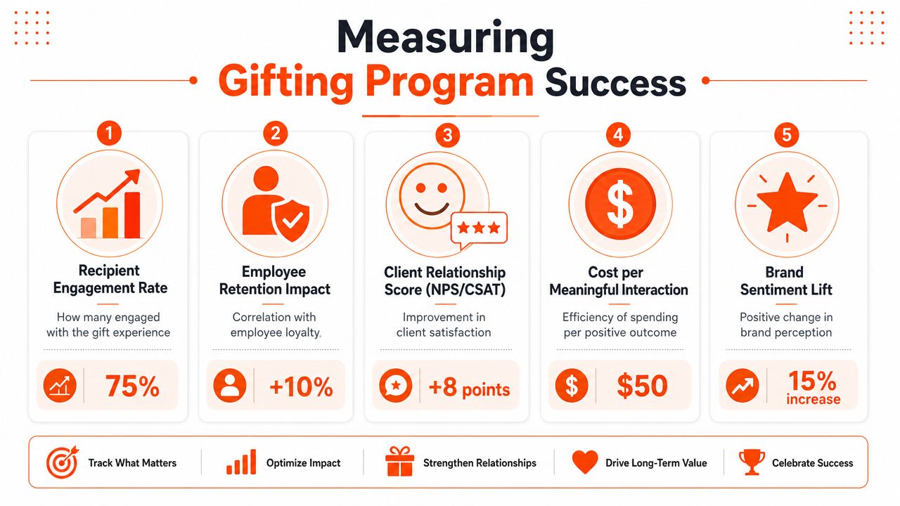 An infographic detailing five key performance indicators for evaluating the effectiveness of corporate gifting programs.