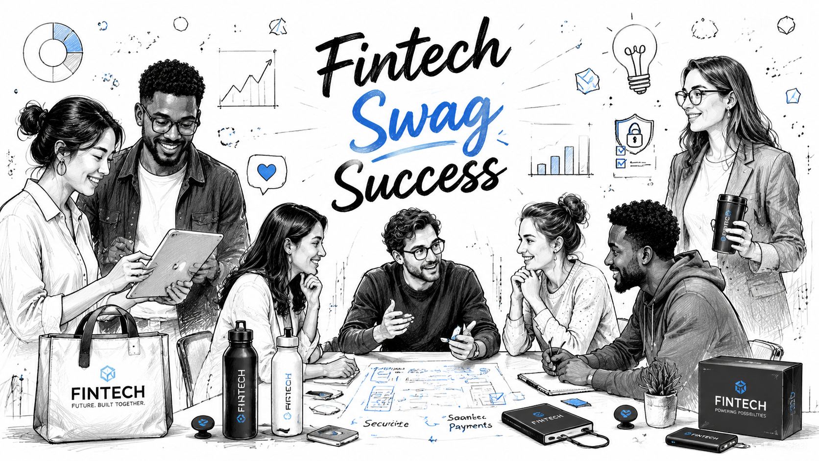 A diverse group of professionals collaborating around a table with branded fintech promotional merchandise and office supplies.