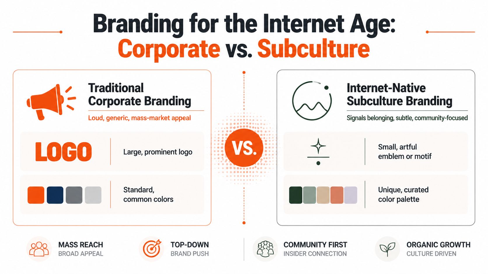 A comparison chart showing differences between traditional corporate branding and modern internet-native subculture branding strategies.