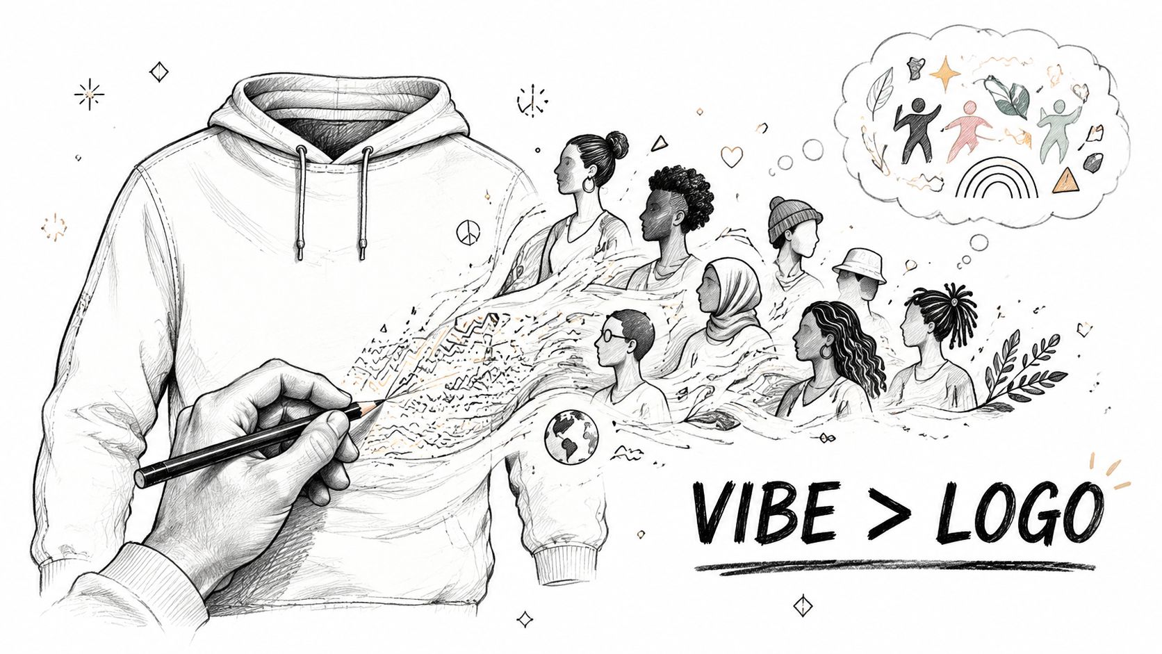 A hand drawing a hoodie that dissolves into diverse people and abstract creative symbols representing brand identity.