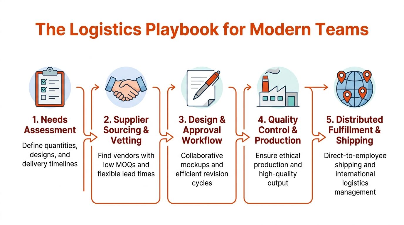 A five-step infographic showing the logistics playbook process for modern companies to manage branded goods.