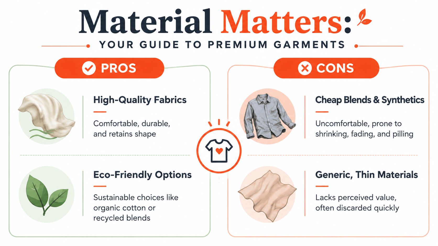 An infographic comparing pros and cons of premium garments versus cheap, synthetic, and thin clothing materials.