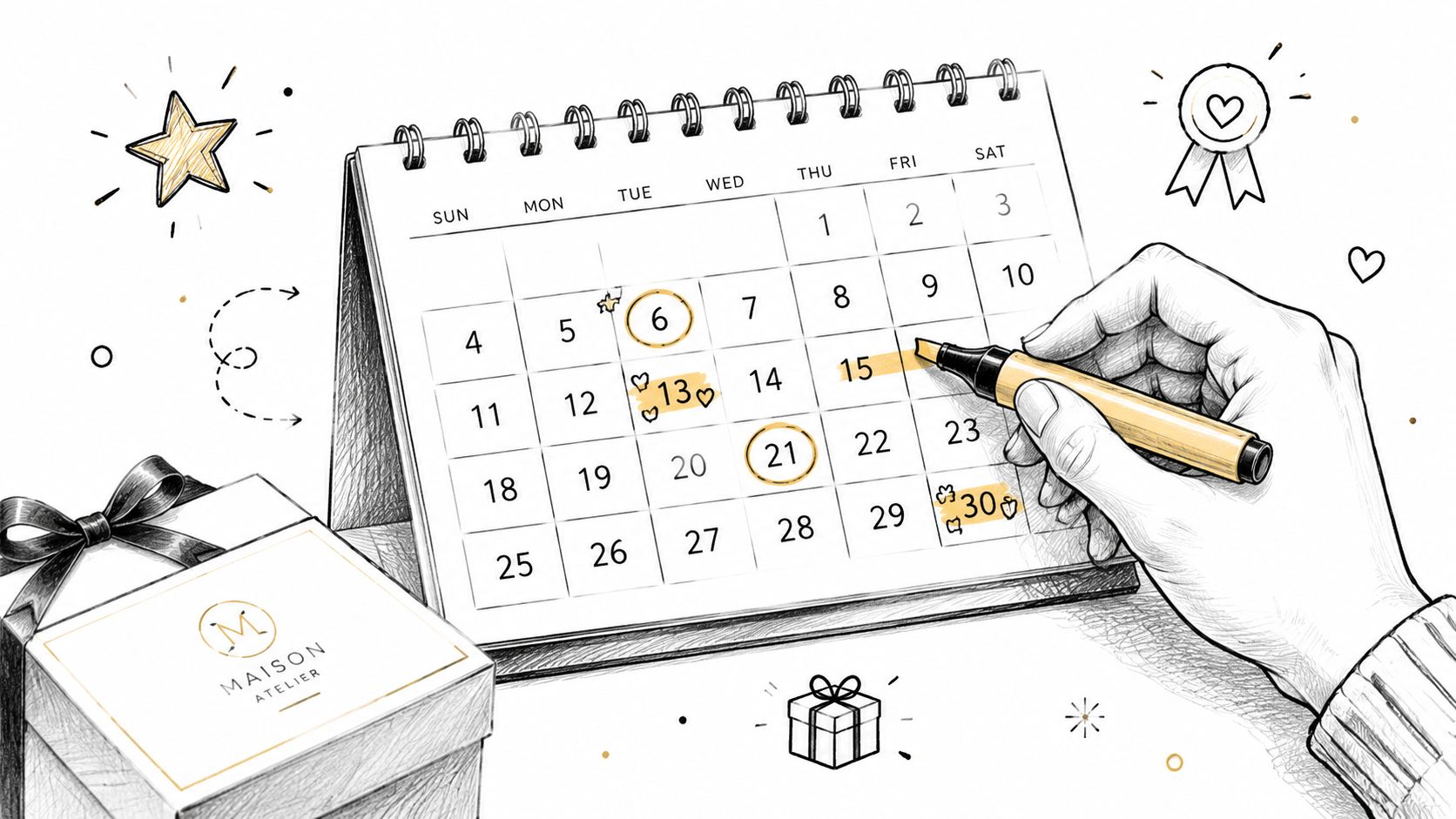 A hand marks important dates on a calendar next to a luxury gift box from Maison Atelier.