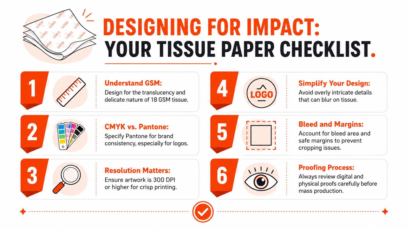 A design checklist infographic with six tips for creating high quality custom printed tissue paper.