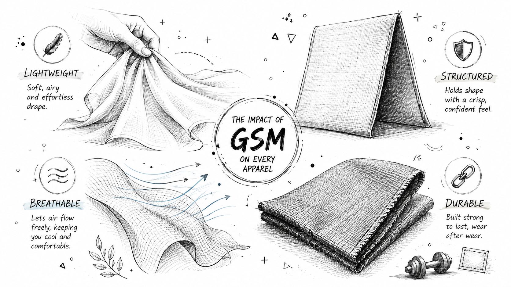 An illustration explaining how fabric GSM weight affects apparel characteristics like being lightweight, structured, breathable, and durable.