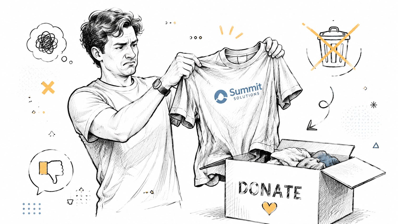 A man holding a t-shirt with a Summit Solutions logo above a box marked for clothing donation.