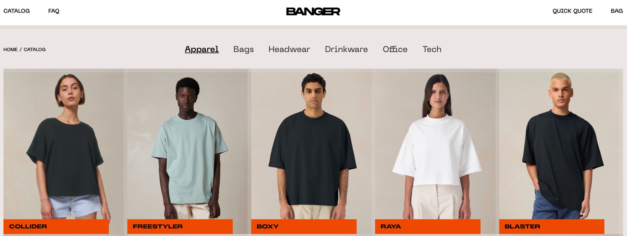 A BANGER apparel catalog page showing five models wearing various t-shirt styles: Collider, Freestyler, Boxy, Raya, and Blaster.