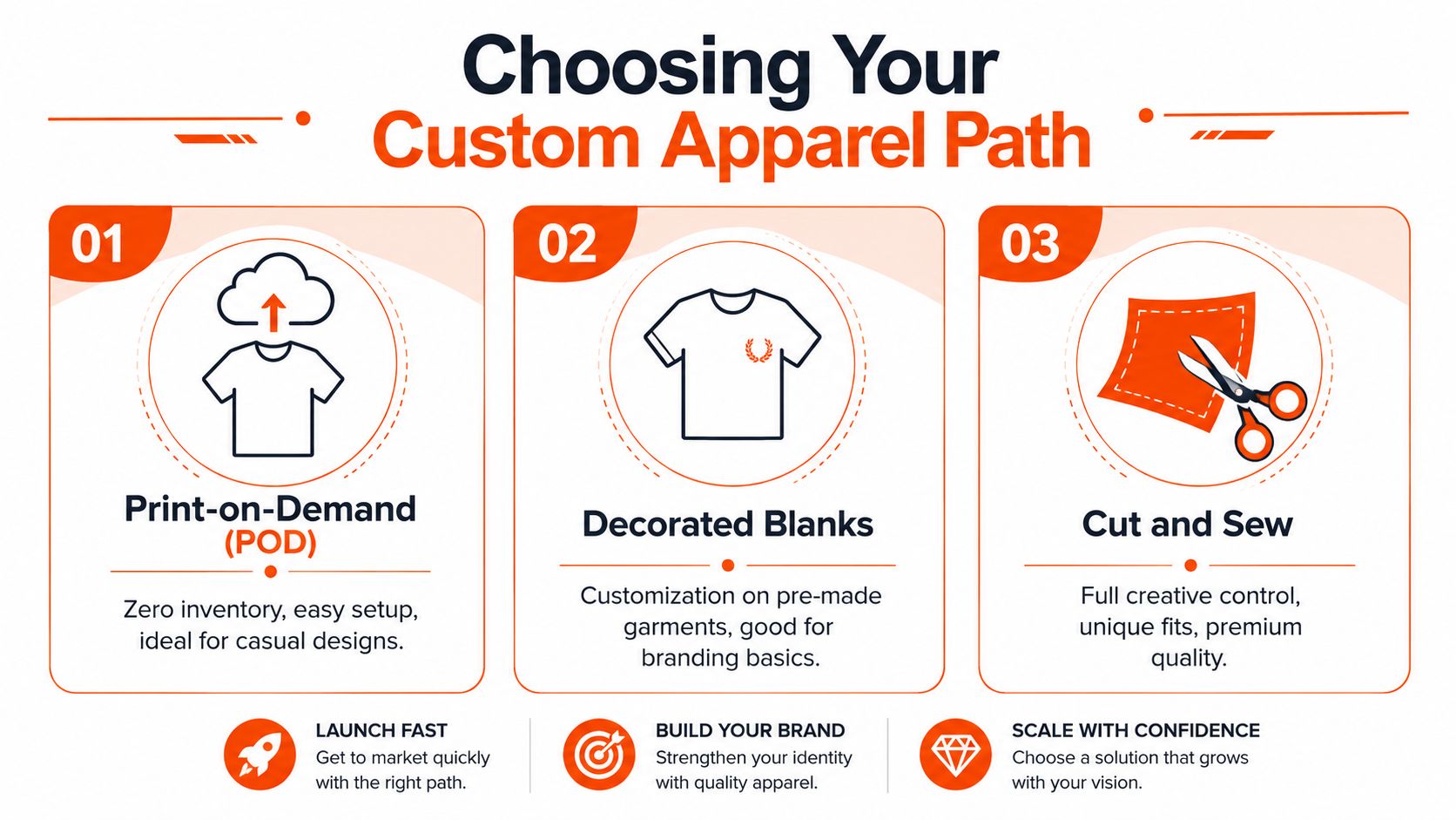 An infographic titled Choosing Your Custom Apparel Path, comparing Print-on-Demand, Decorated Blanks, and Cut and Sew methods.