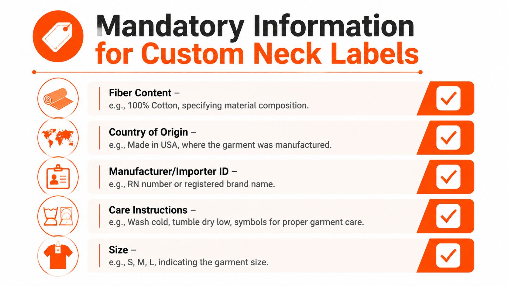 An infographic detailing the mandatory regulatory information required on custom clothing neck labels for garment compliance.