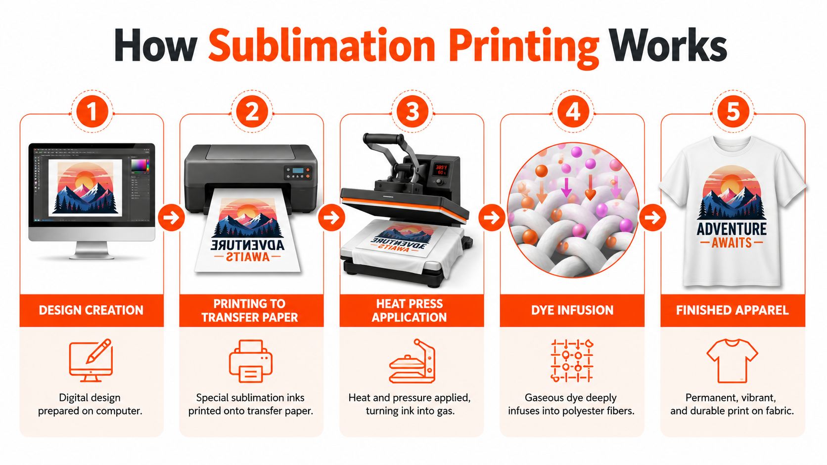 A five-step infographic showing the process of sublimation printing onto apparel from design to the final shirt.