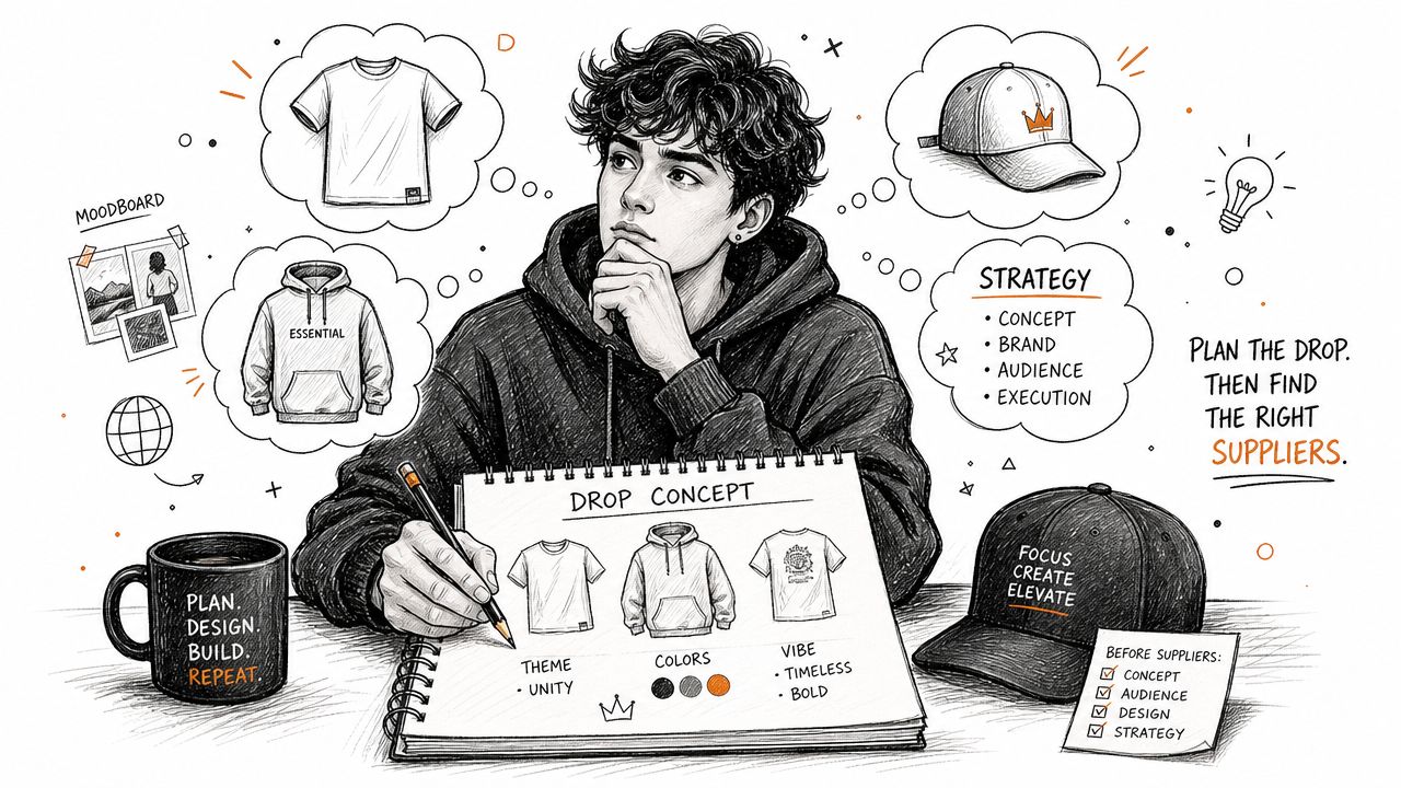 A young artist sketching a clothing line concept in a notebook while planning a fashion brand drop.