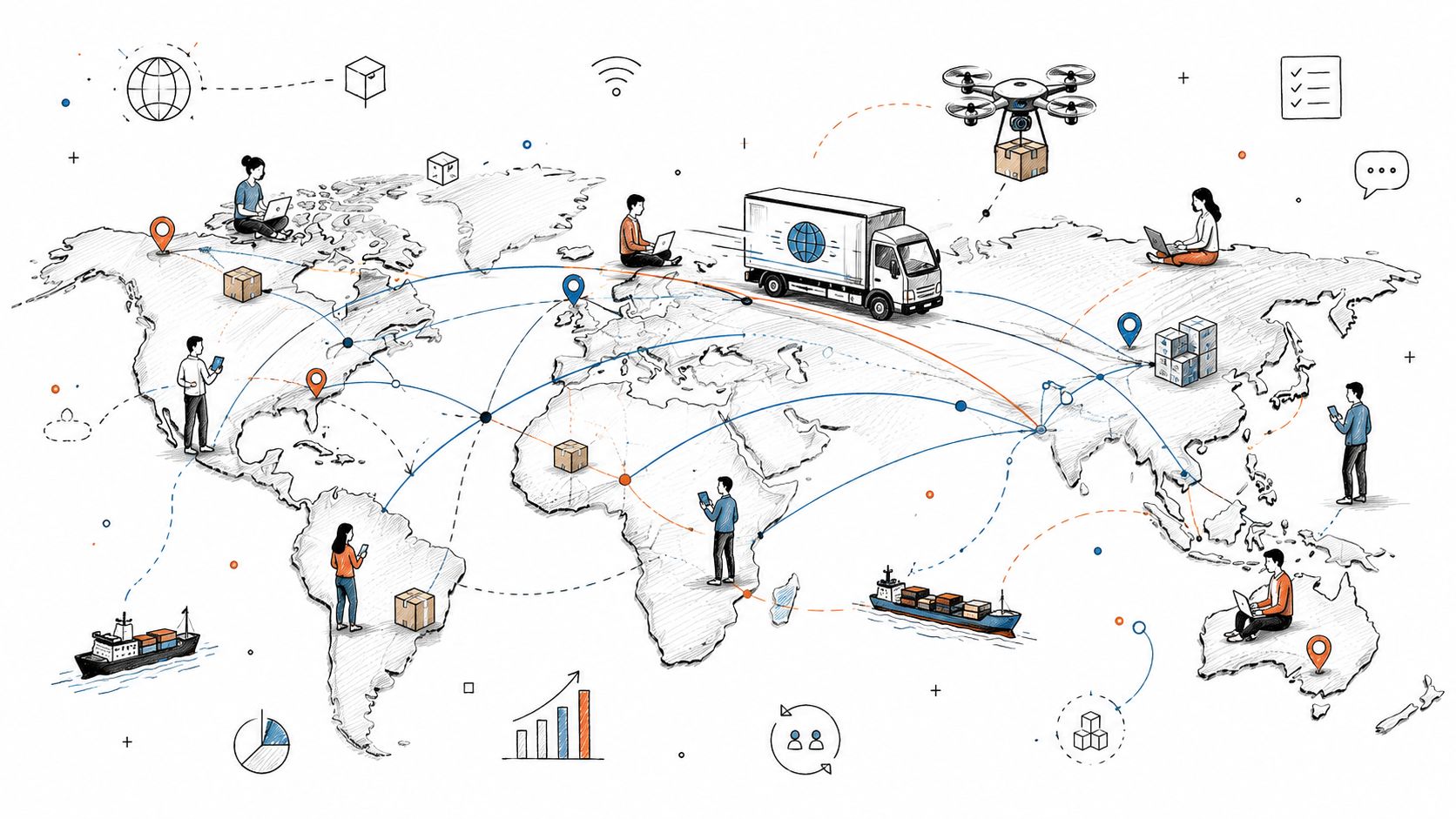 A digital illustration showing a global logistics network with people, delivery vehicles, and shipping routes worldwide.