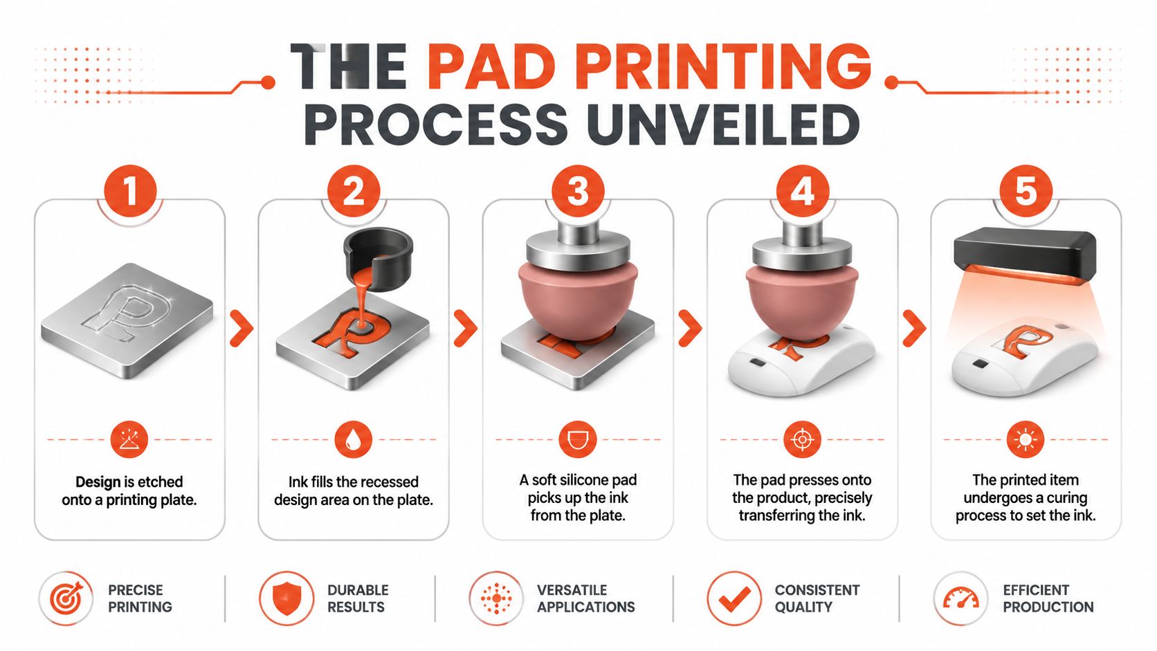 An infographic illustrating the five-step pad printing process from etching the plate to final ink curing.
