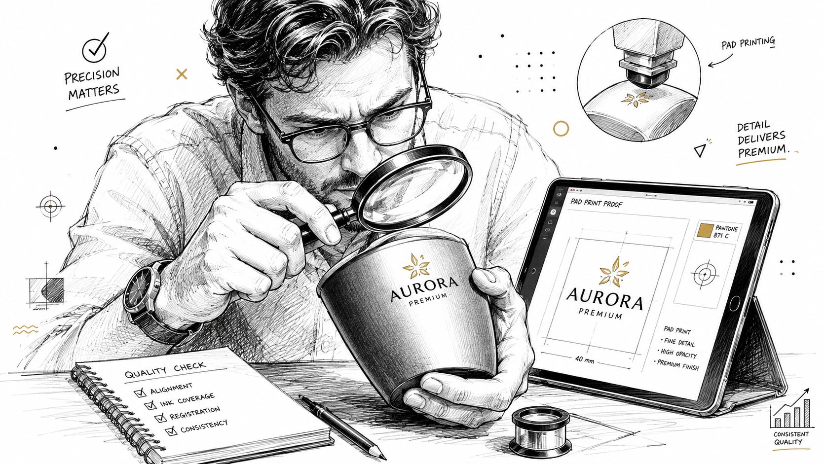 A meticulous designer uses a magnifying glass to inspect a premium logo printed on a cup.