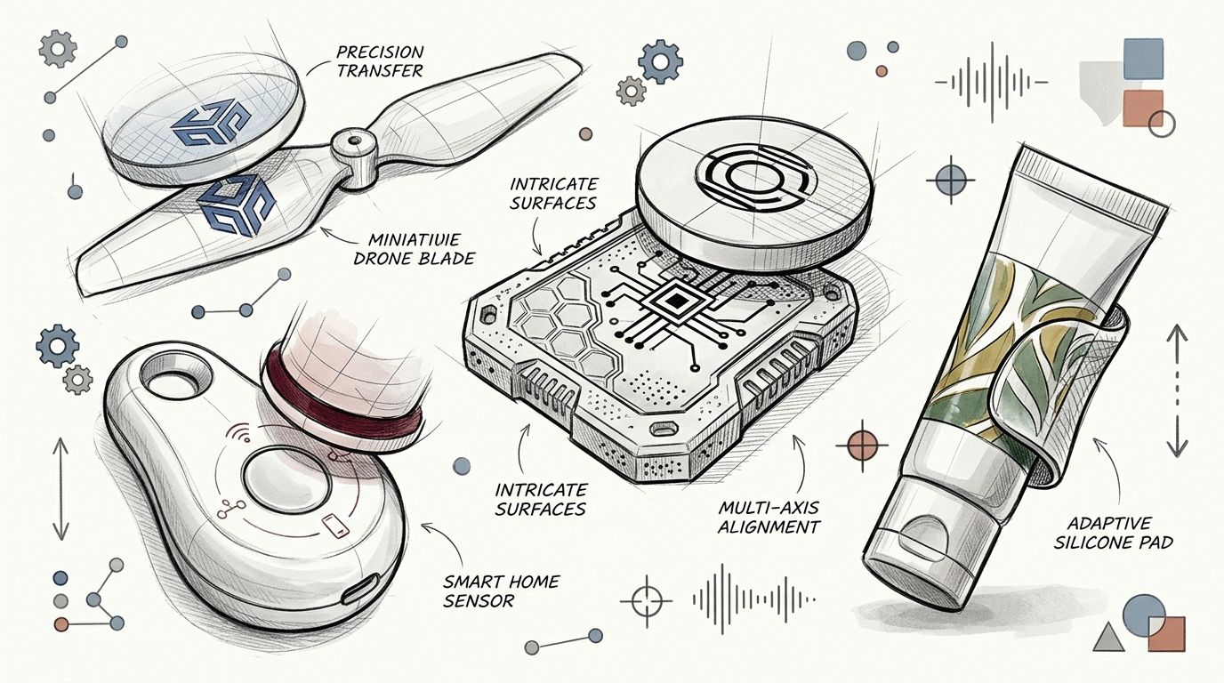 Technical sketches showing pad printing applications on a drone blade, smart home sensor, electronic component, and cosmetic tube.