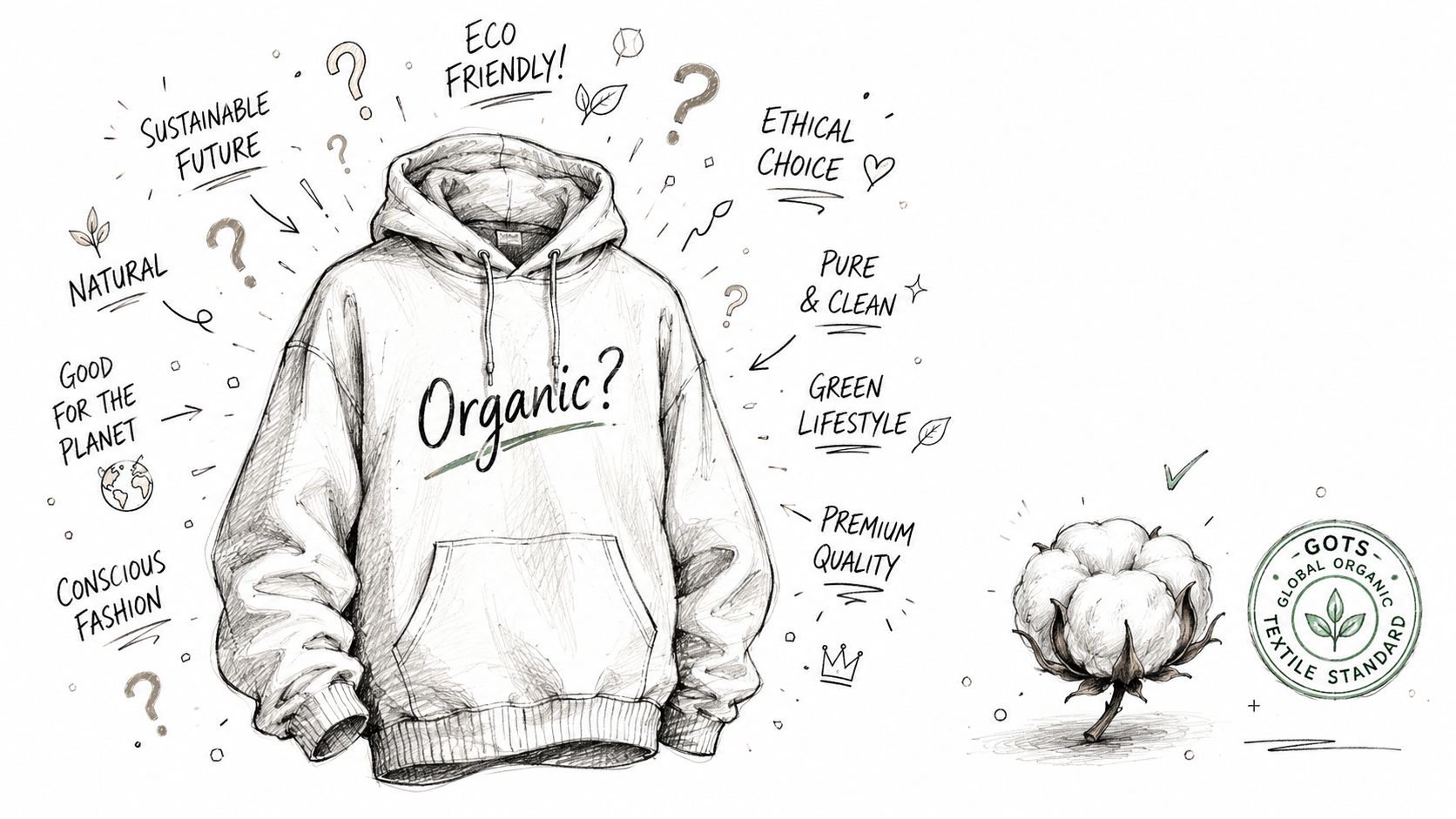 A pencil sketch of an organic cotton hoodie surrounded by sustainability-related phrases and a GOTS certification logo.