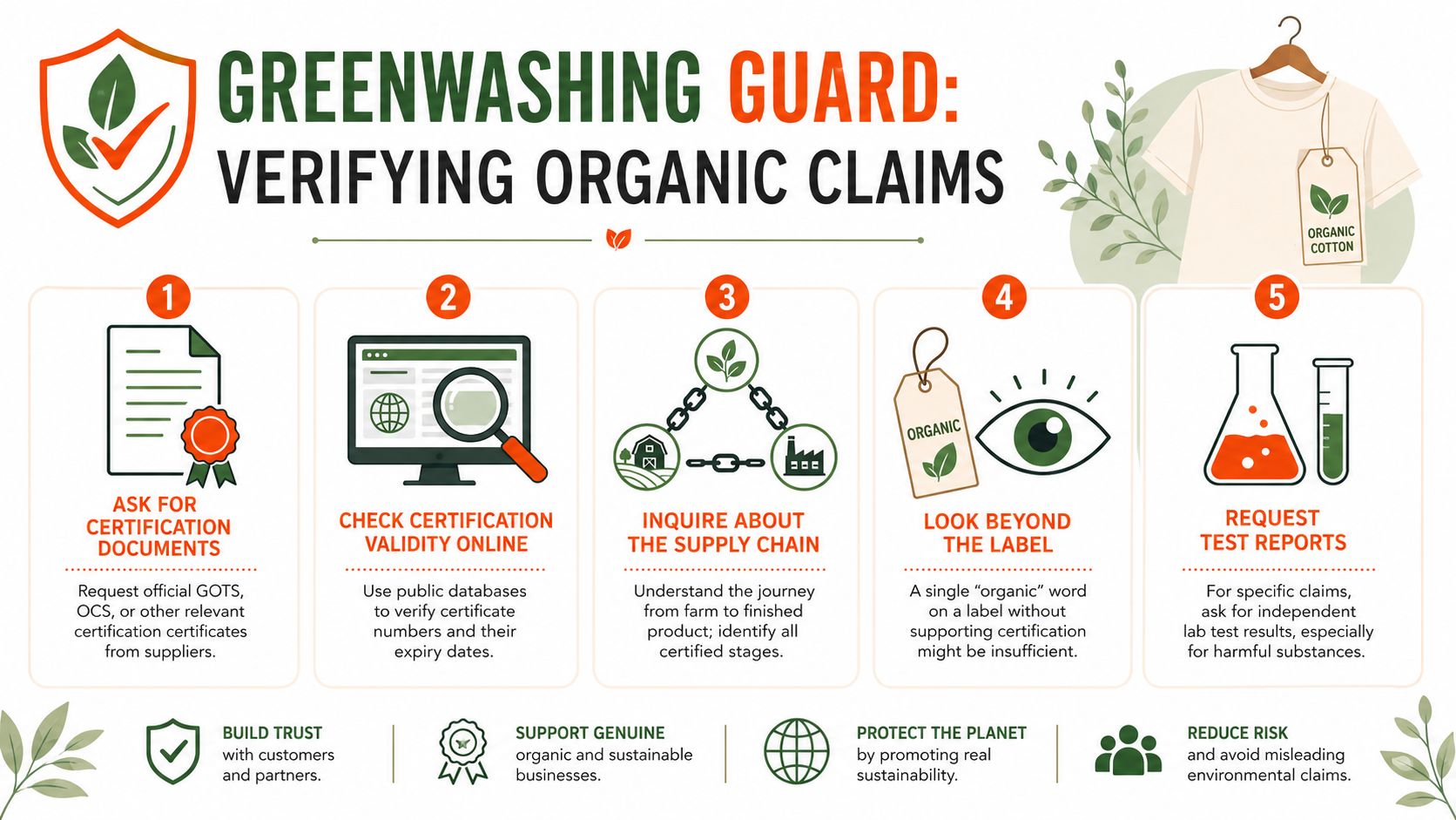 An infographic titled Greenwashing Guard showing five steps to verify organic cotton fabric certification claims.