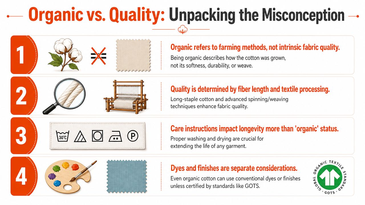An infographic titled Organic vs. Quality explaining four key misconceptions about organic cotton textiles.