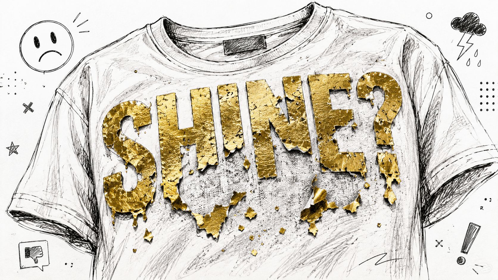A sketched illustration of a t-shirt featuring the golden foil hot stamped text SHINE with peeling effects.