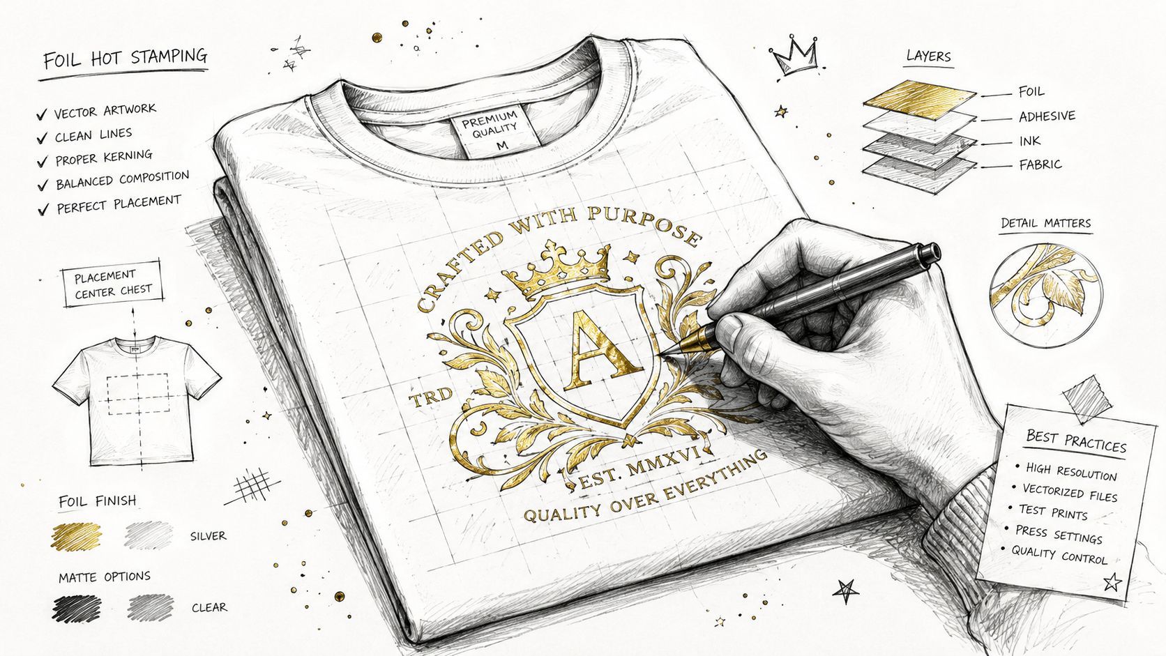 A detailed sketch of a t-shirt design with gold foil hot stamping details and professional printing guidelines.