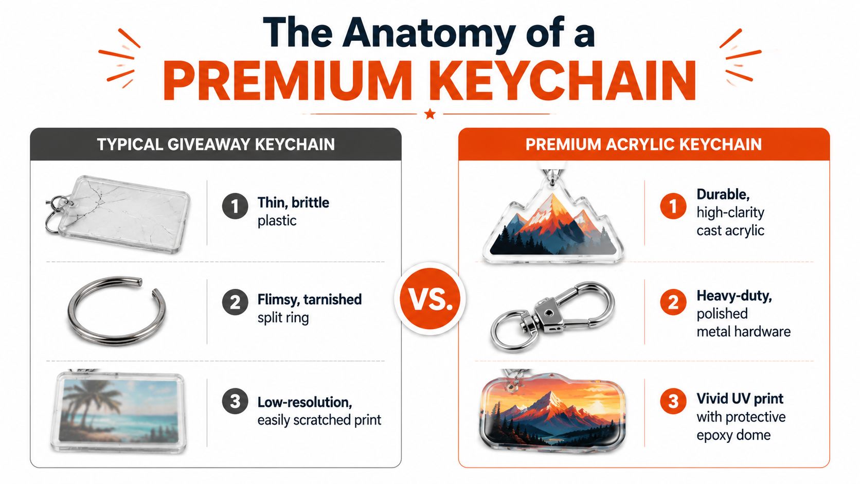 A comparison chart showing the differences between a typical giveaway keychain and a premium acrylic keychain.