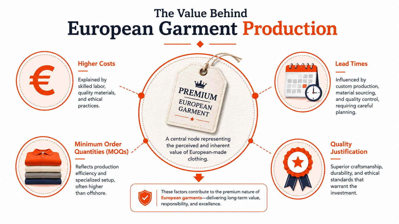 An infographic detailing the value of European garment production, including costs, lead times, and quality standards.