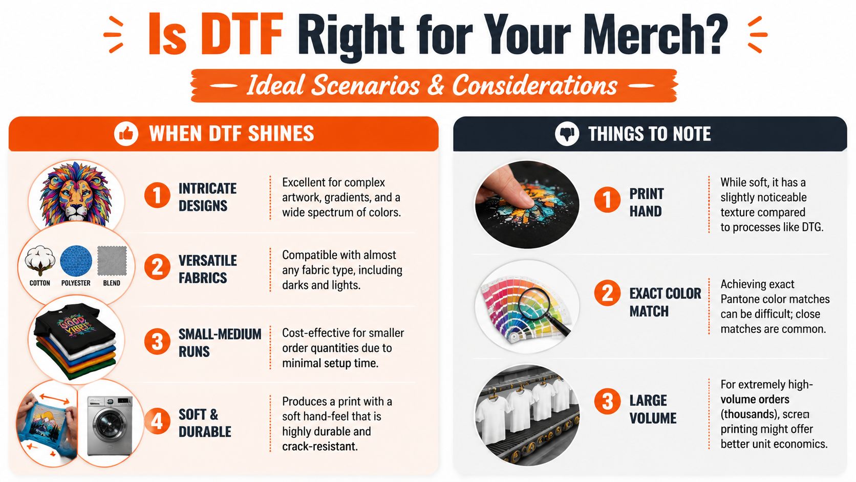 An infographic titled Is DTF Right for Your Merch detailing the benefits and considerations of DTF printing.