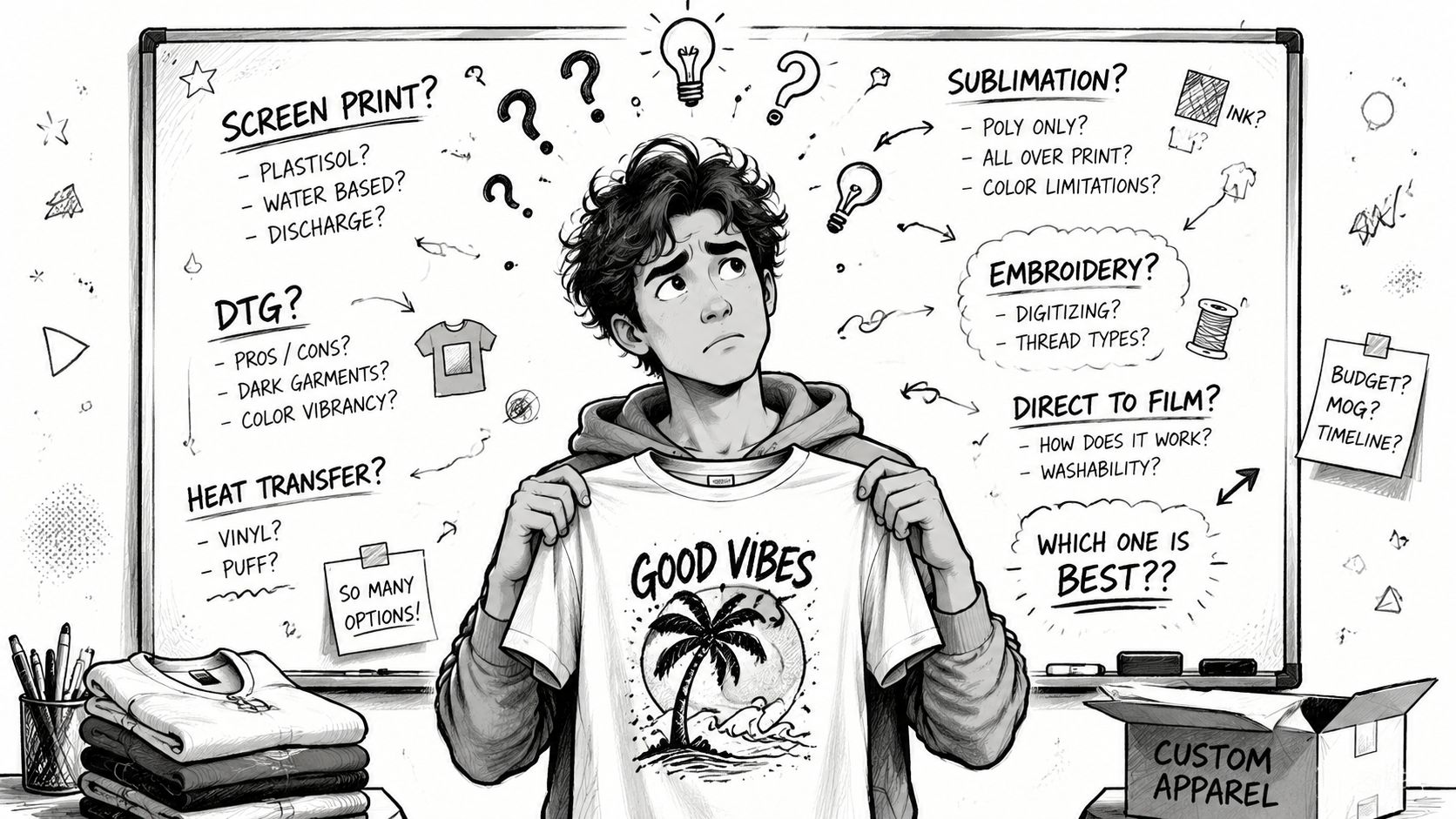 A confused young man holding a custom printed t-shirt while contemplating various apparel printing methods on a whiteboard.