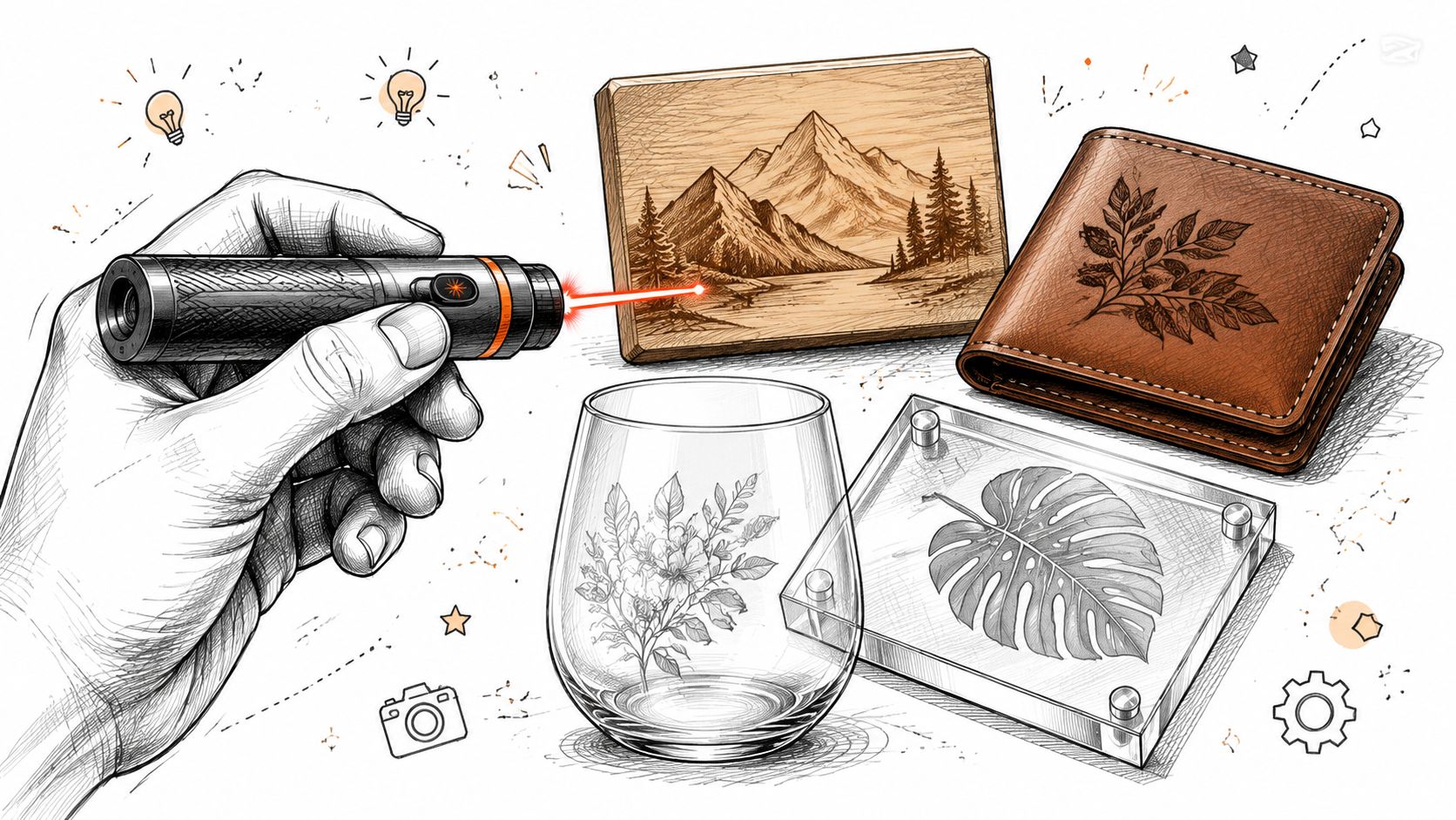 A hand holding a laser engraving tool creating detailed patterns on wood, leather, glass, and acrylic objects.