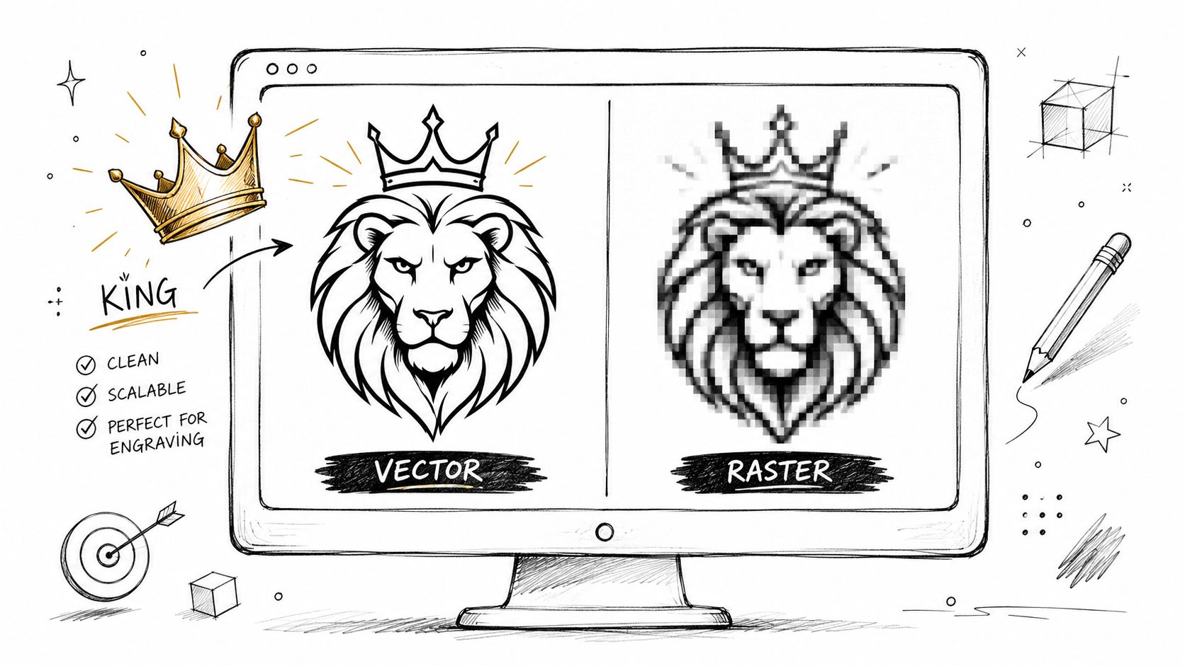 A comparison illustration showing a clean vector lion logo versus a pixelated raster lion image on screen.