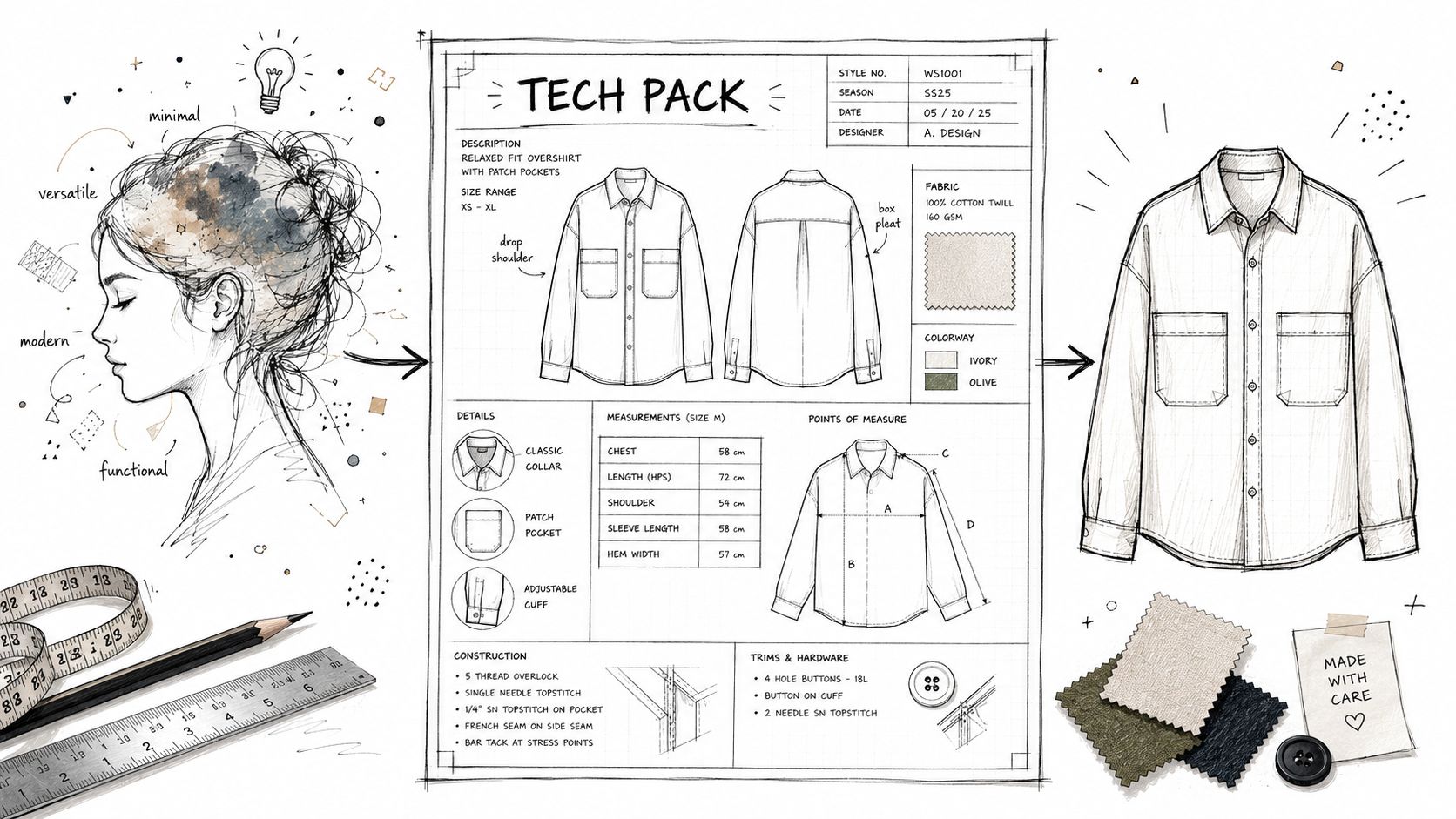 A detailed tech pack design document for a relaxed fit overshirt with sketches and garment measurements.