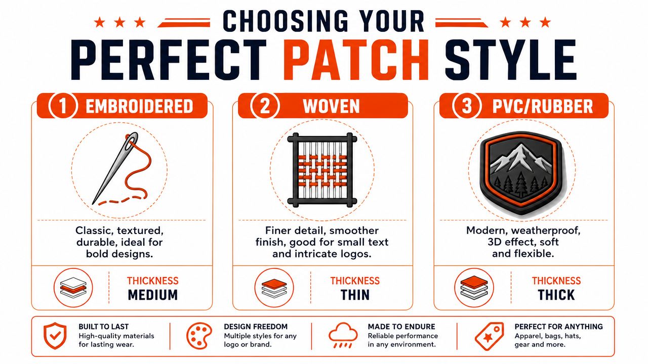 A comparison chart showing three types of custom patches: embroidered, woven, and PVC rubber for branding.