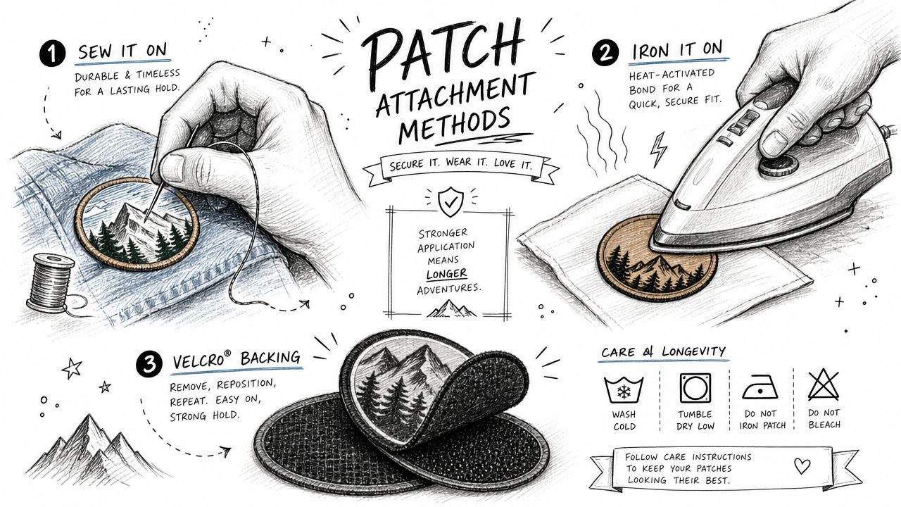 A hand-drawn instructional guide displaying three ways to attach patches: sewing, ironing, and using velcro backing.