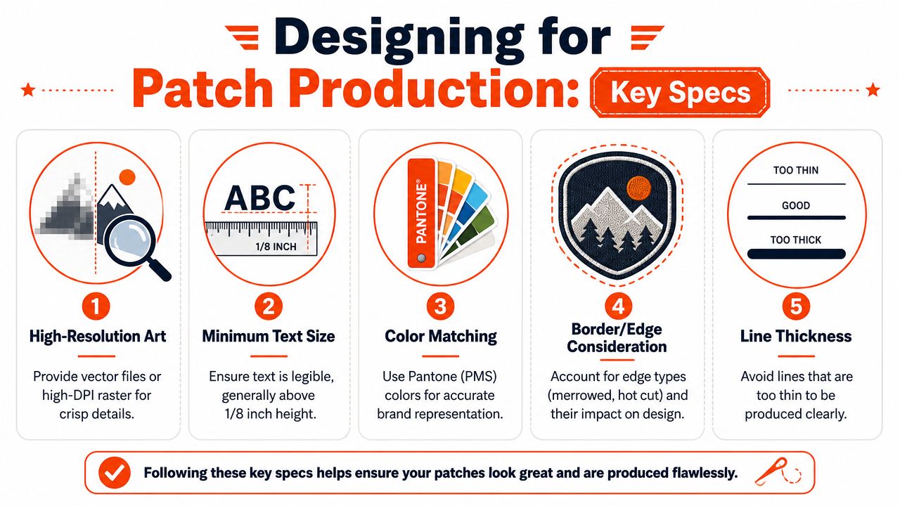 An infographic showing five key technical specifications for designing high-quality custom embroidered patches for production.