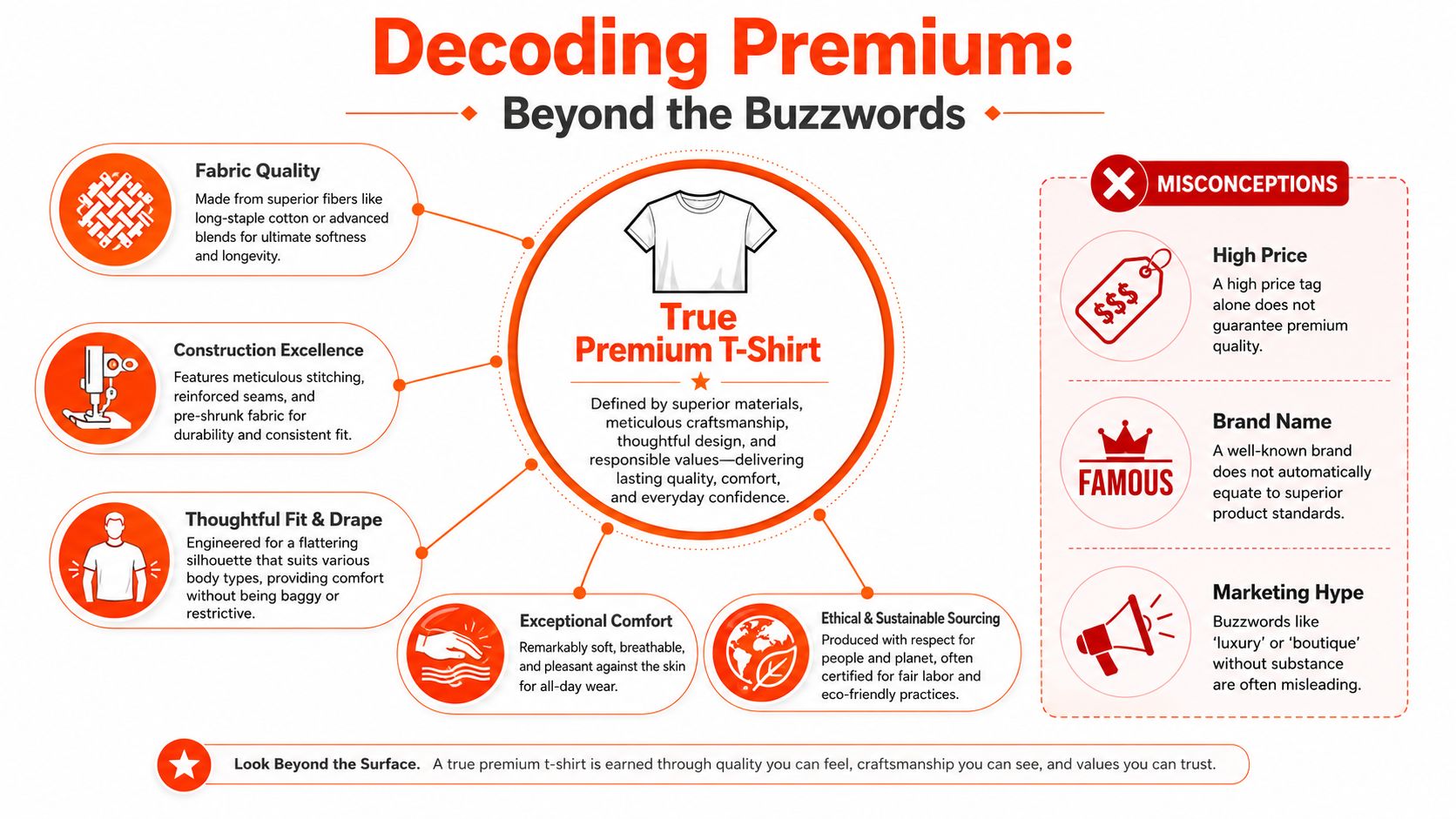 An infographic detailing the key characteristics of high-quality premium t-shirts versus common industry misconceptions.