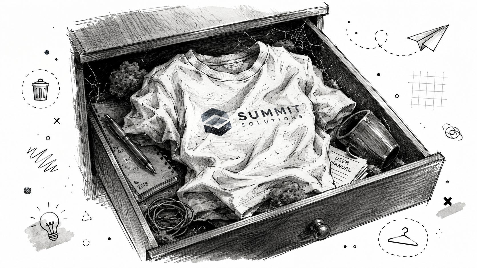 A sketched illustration of a wooden drawer containing a Summit Solutions branded t-shirt and office items.
